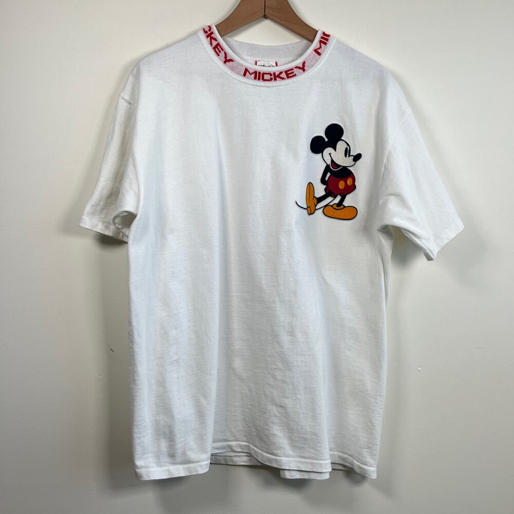 Vintage Disney Designs Mickey Mouse Tshirt Neckline Spellout Velvet Patch USA XL